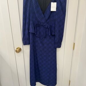 Alessandra Rich Navy Plaid Long Sleeve Midi Dress